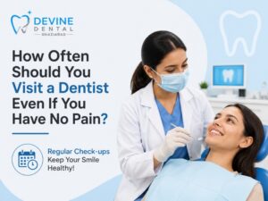 Dentist performing a routine dental check-up on a patient to maintain oral health and prevent dental problems at Devine Dental Ghaziabad.